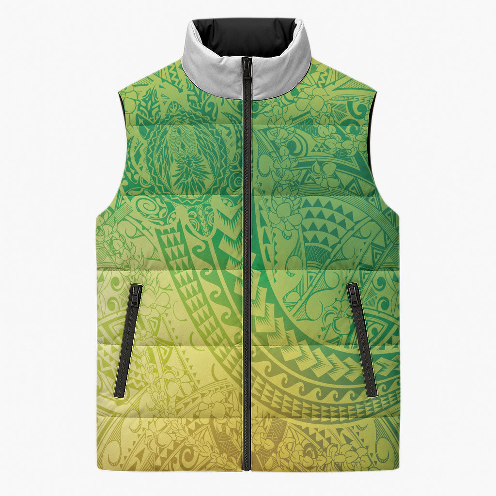 Hawaiian Turtles and Leis Sleeveless Puffer Jacket Tribal Kakau Pattern Fresh Summer Vibe