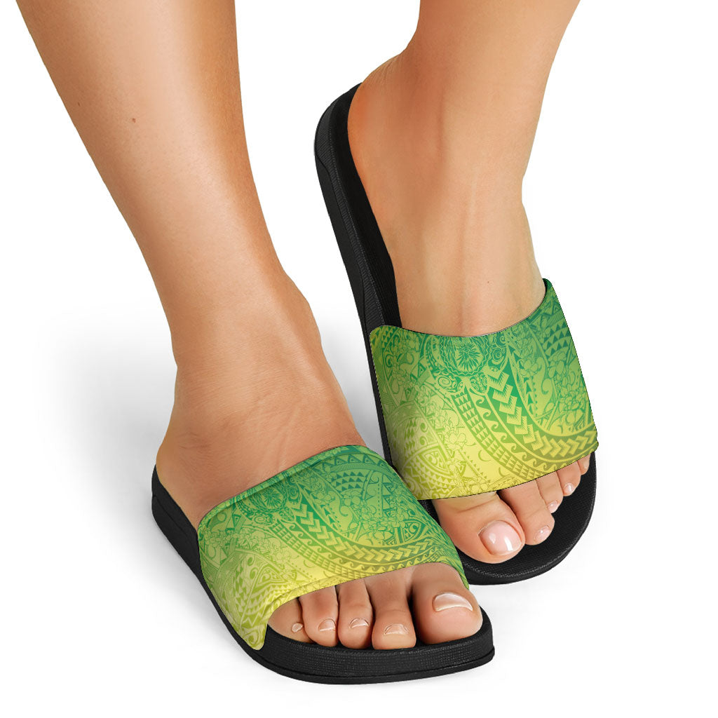 Hawaiian Turtles and Leis Slide Sandals Tribal Kakau Pattern Fresh Summer Vibe