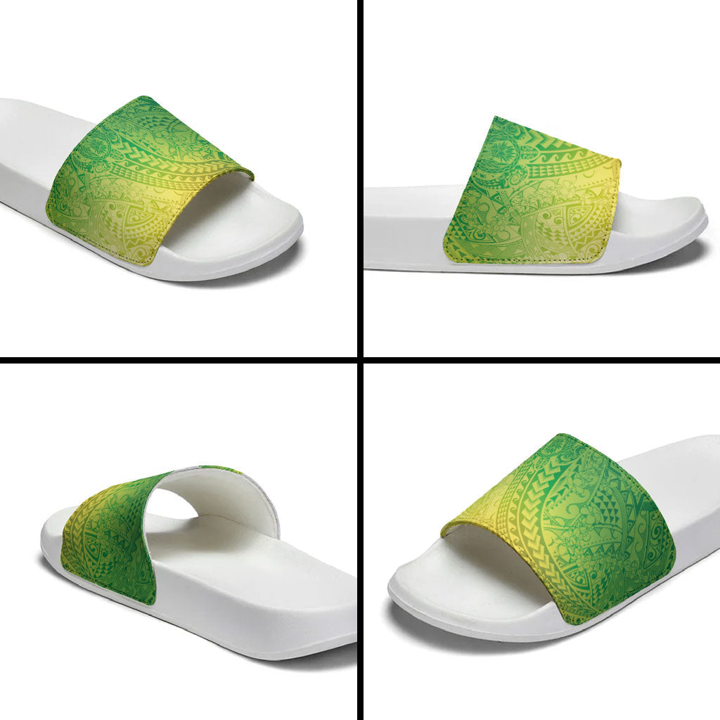 Hawaiian Turtles and Leis Slide Sandals Tribal Kakau Pattern Fresh Summer Vibe