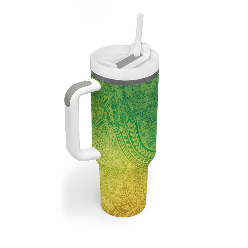 Hawaiian Turtles and Leis Tumbler With Handle Tribal Kakau Pattern Fresh Summer Vibe