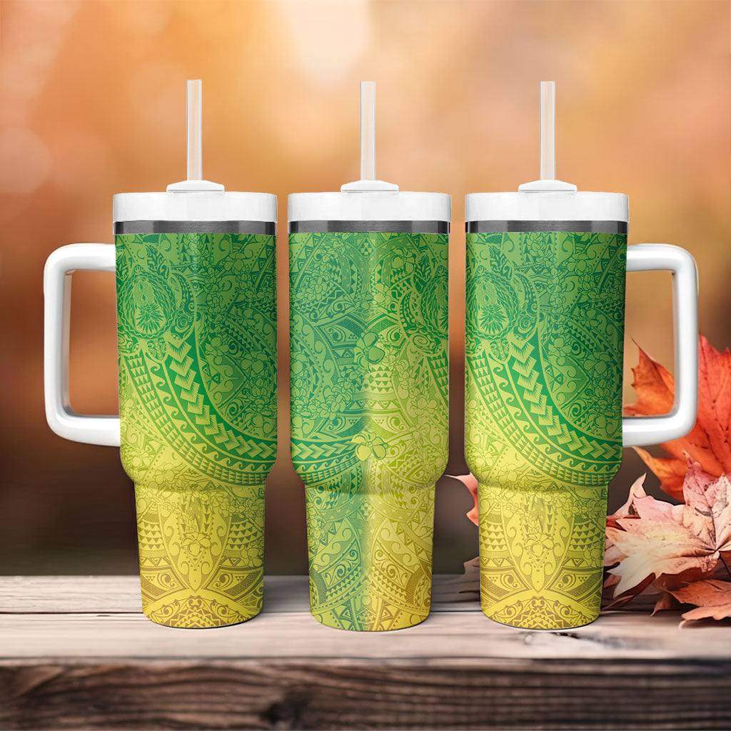 Hawaiian Turtles and Leis Tumbler With Handle Tribal Kakau Pattern Fresh Summer Vibe