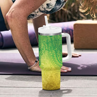 Hawaiian Turtles and Leis Tumbler With Handle Tribal Kakau Pattern Fresh Summer Vibe