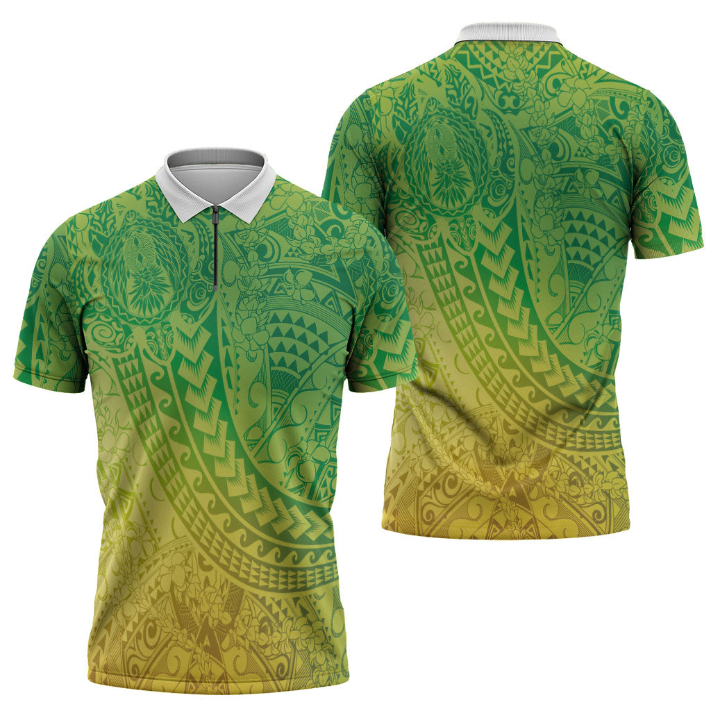 Hawaiian Turtles and Leis Zipper Polo Shirt Tribal Kakau Pattern Fresh Summer Vibe