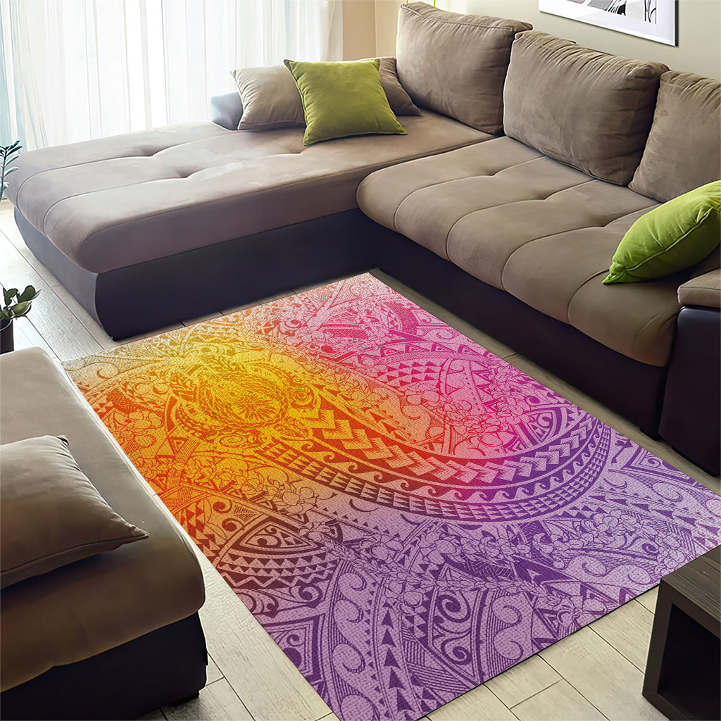 Hawaiian Turtles and Leis Area Rug Tribal Kakau Pattern Magical Rainbow Sky