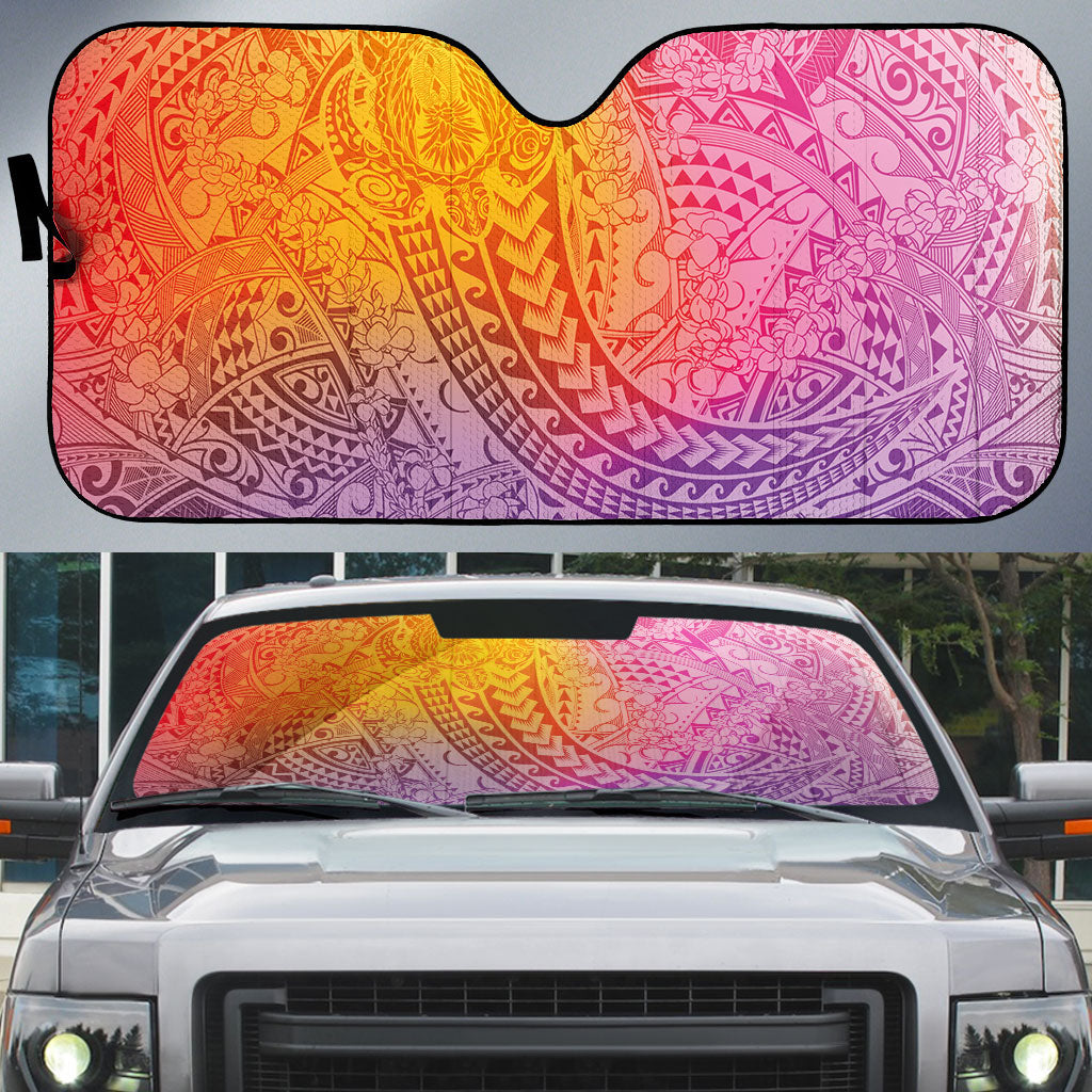Hawaiian Turtles and Leis Auto Sun Shade Tribal Kakau Pattern Magical Rainbow Sky