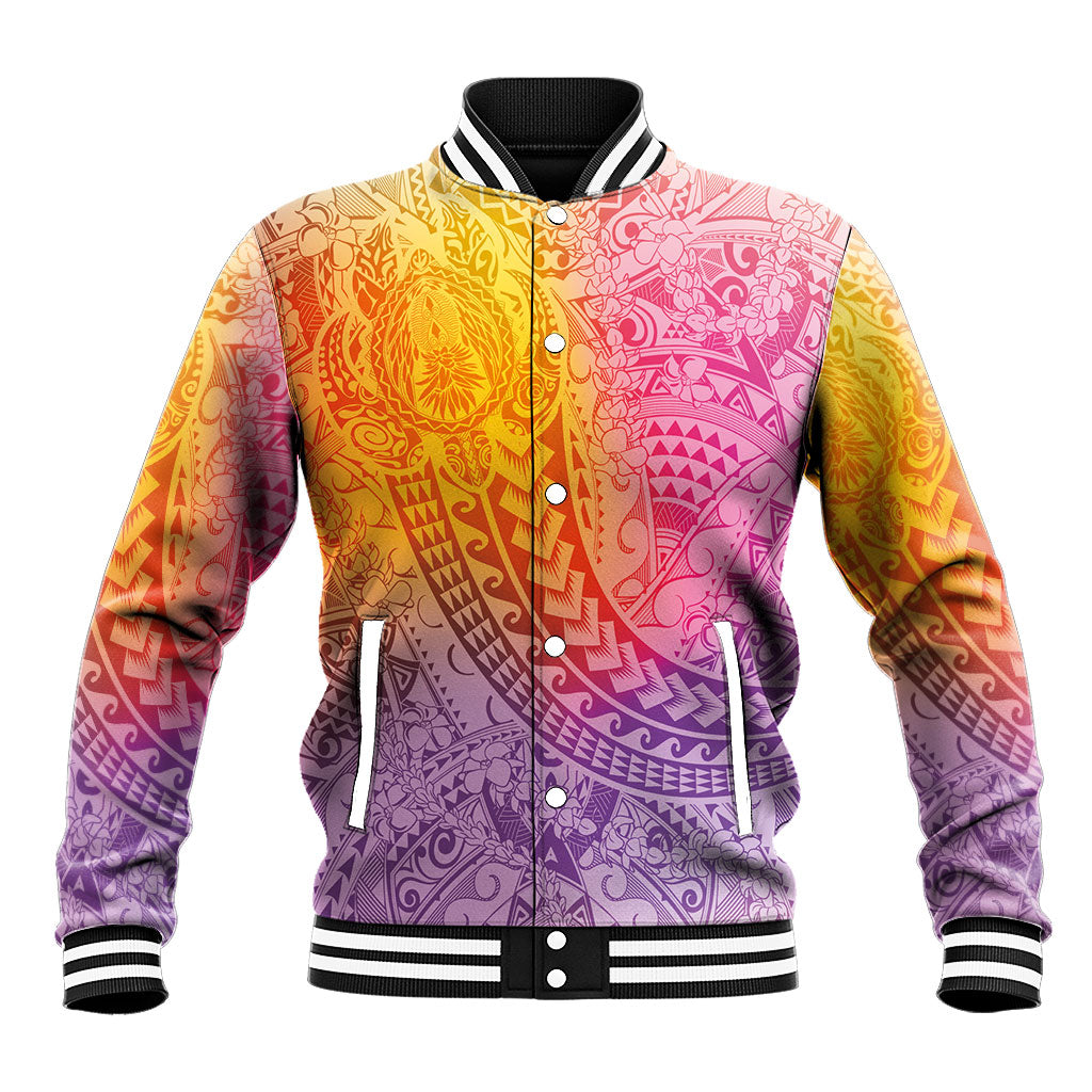 Hawaiian Turtles and Leis Baseball Jacket Tribal Kakau Pattern Magical Rainbow Sky