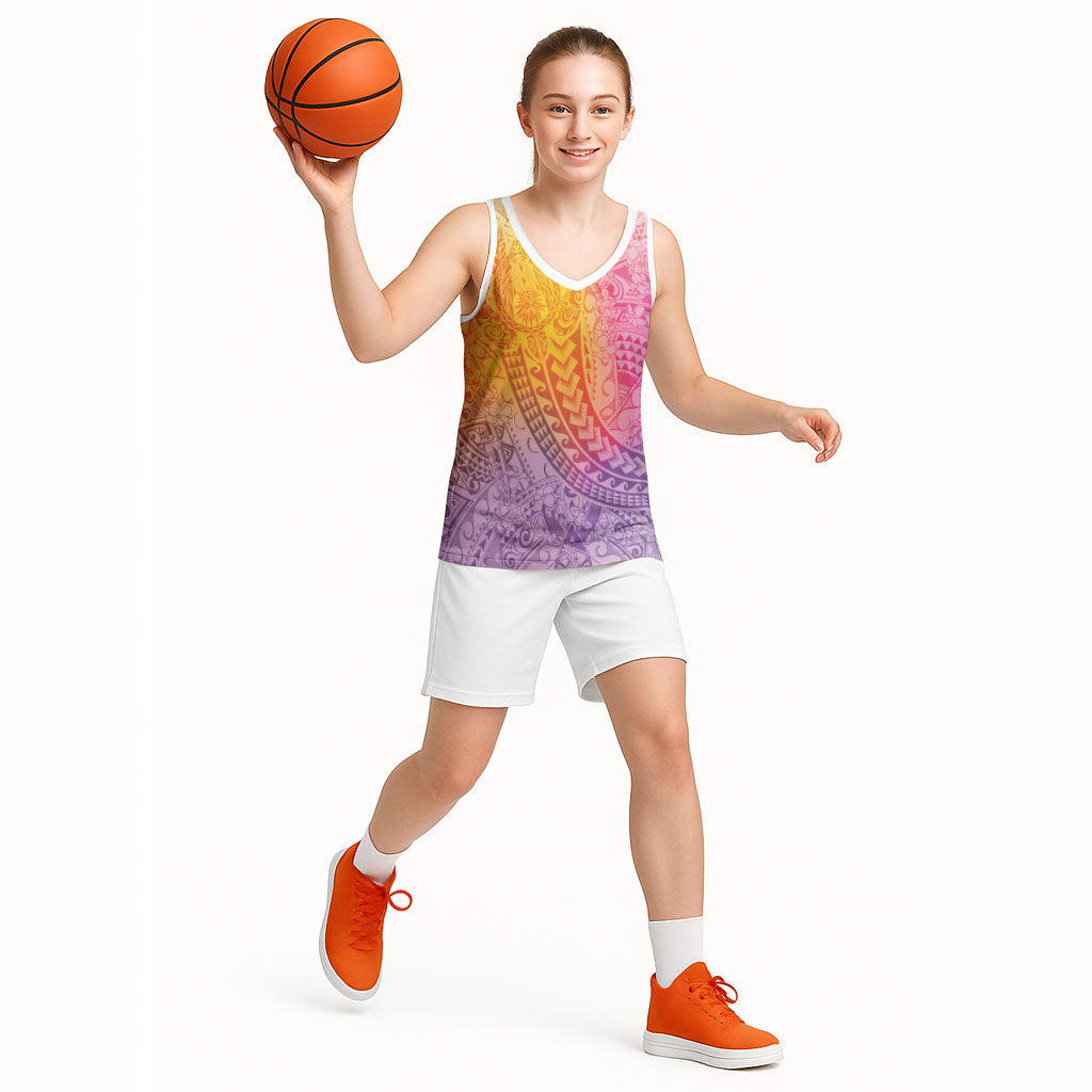 Hawaiian Turtles and Leis Basketball Jersey Tribal Kakau Pattern Magical Rainbow Sky