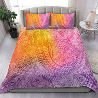 Hawaiian Turtles and Leis Bedding Set Tribal Kakau Pattern Magical Rainbow Sky