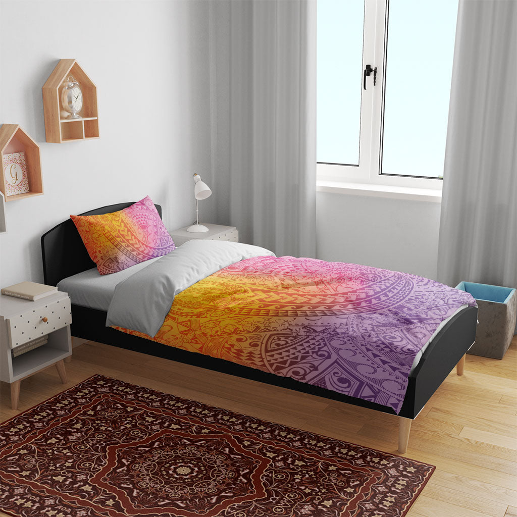 Hawaiian Turtles and Leis Bedding Set Tribal Kakau Pattern Magical Rainbow Sky