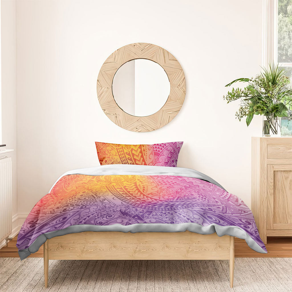 Hawaiian Turtles and Leis Bedding Set Tribal Kakau Pattern Magical Rainbow Sky