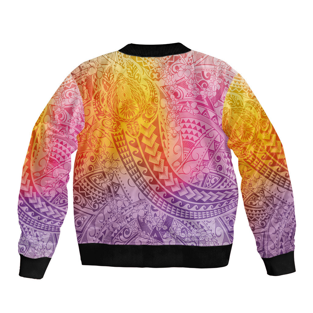 Hawaiian Turtles and Leis Bomber Jacket Tribal Kakau Pattern Magical Rainbow Sky