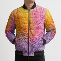 Hawaiian Turtles and Leis Bomber Puffer Jacket Tribal Kakau Pattern Magical Rainbow Sky