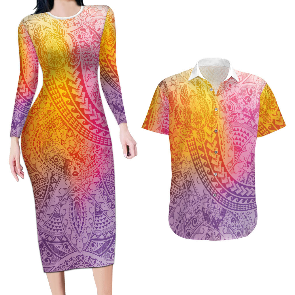 Hawaiian Turtles and Leis Couples Matching Long Sleeve Bodycon Dress and Hawaiian Shirt Tribal Kakau Pattern Magical Rainbow Sky LT03 Multicolor - Polynesian Pride