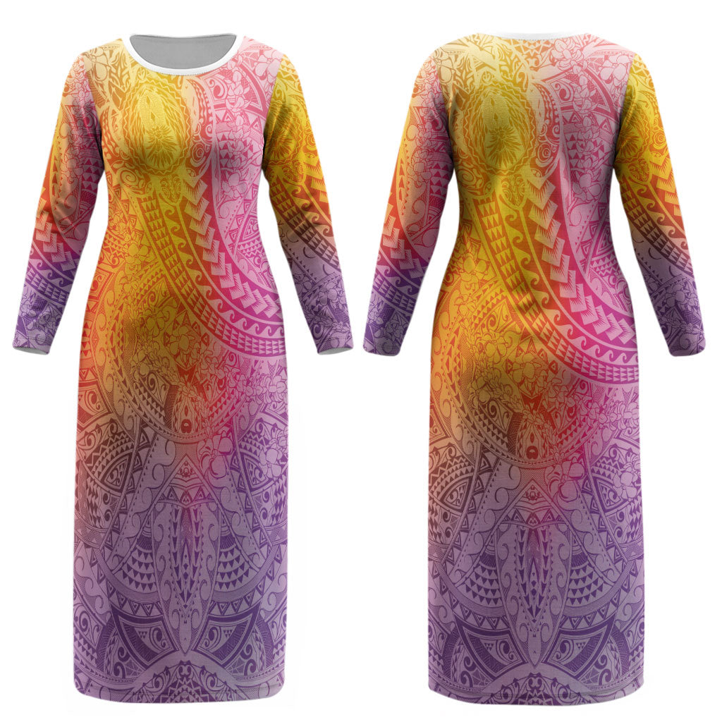 Hawaiian Turtles and Leis Couples Matching Long Sleeve Bodycon Dress and Hawaiian Shirt Tribal Kakau Pattern Magical Rainbow Sky LT03 - Polynesian Pride