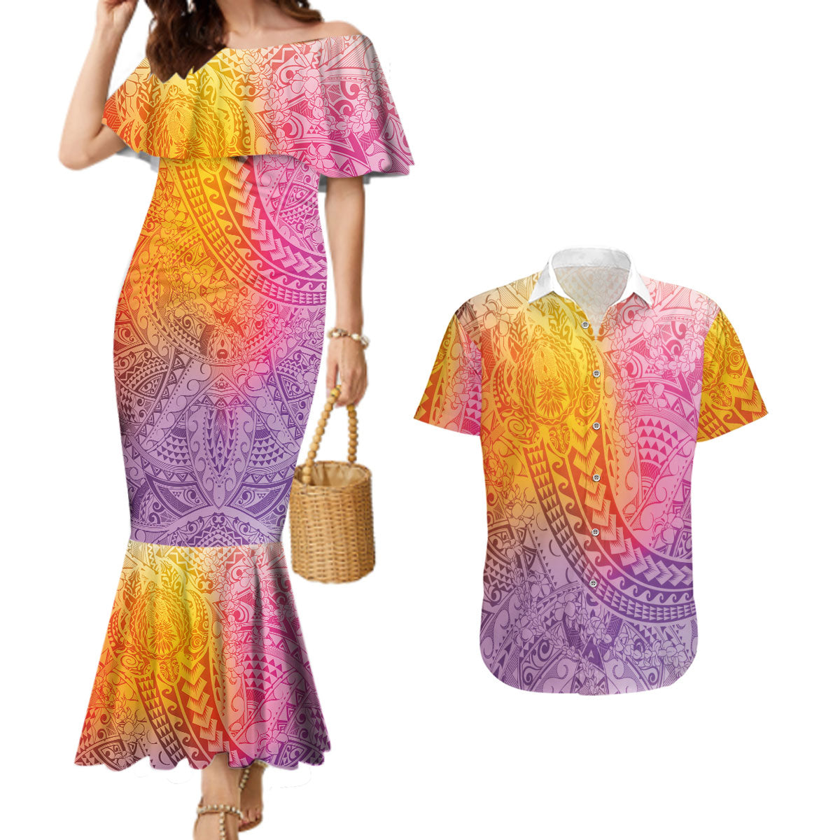 Hawaiian Turtles and Leis Couples Matching Mermaid Dress and Hawaiian Shirt Tribal Kakau Pattern Magical Rainbow Sky