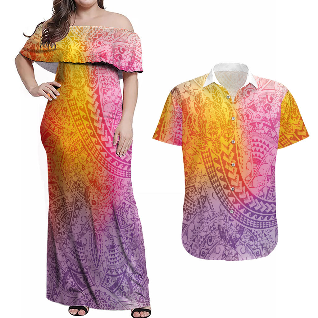 Hawaiian Turtles and Leis Couples Matching Off Shoulder Maxi Dress and Hawaiian Shirt Tribal Kakau Pattern Magical Rainbow Sky