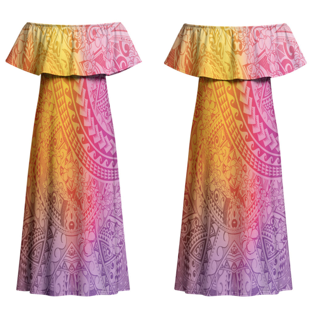 Hawaiian Turtles and Leis Couples Matching Off Shoulder Maxi Dress and Hawaiian Shirt Tribal Kakau Pattern Magical Rainbow Sky LT03 - Polynesian Pride