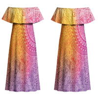 Hawaiian Turtles and Leis Couples Matching Off Shoulder Maxi Dress and Hawaiian Shirt Tribal Kakau Pattern Magical Rainbow Sky LT03 - Polynesian Pride