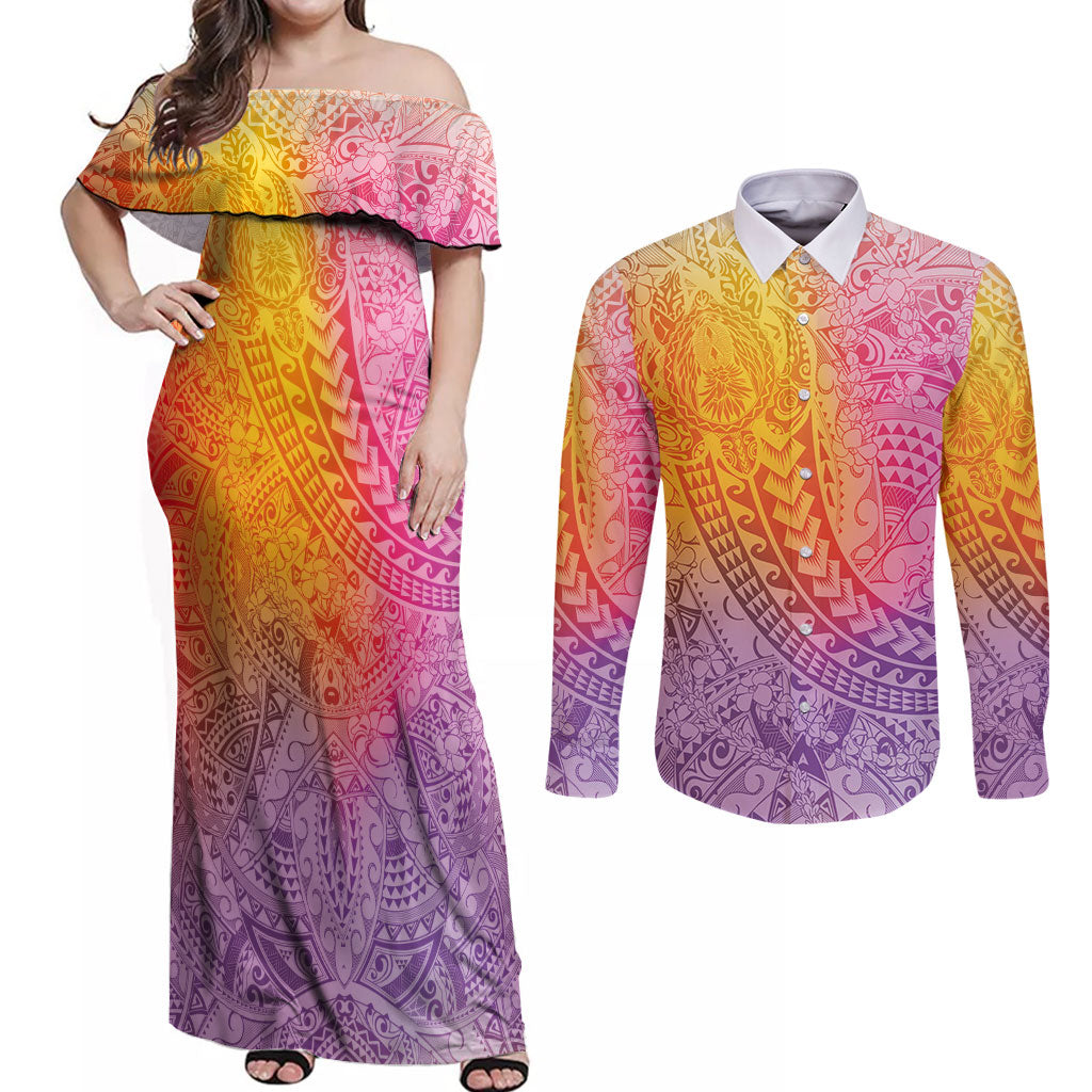 Hawaiian Turtles and Leis Couples Matching Off Shoulder Maxi Dress and Long Sleeve Button Shirt Tribal Kakau Pattern Magical Rainbow Sky LT03 Multicolor - Polynesian Pride