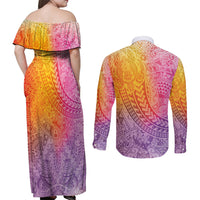 Hawaiian Turtles and Leis Couples Matching Off Shoulder Maxi Dress and Long Sleeve Button Shirt Tribal Kakau Pattern Magical Rainbow Sky
