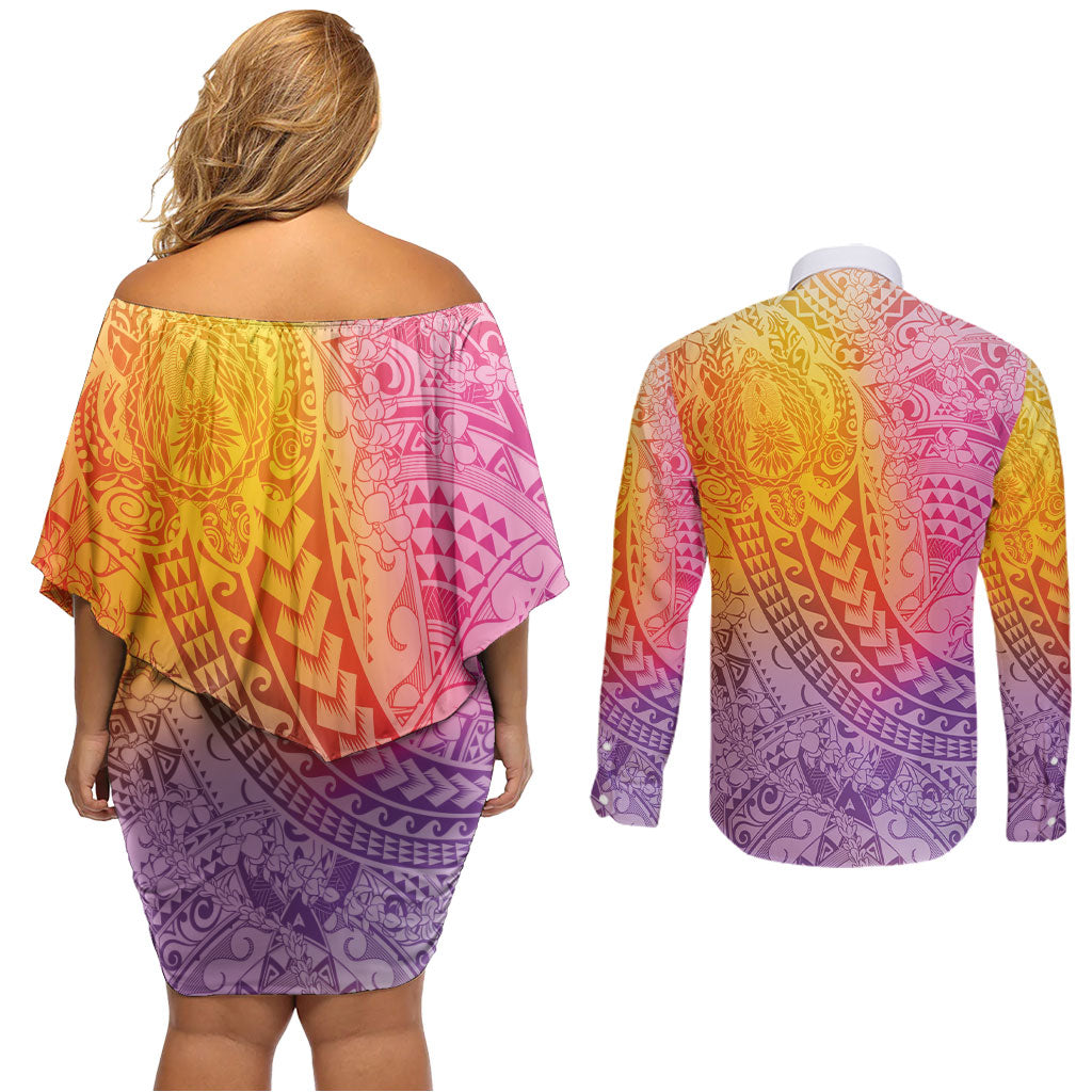 Hawaiian Turtles and Leis Couples Matching Off Shoulder Short Dress and Long Sleeve Button Shirt Tribal Kakau Pattern Magical Rainbow Sky