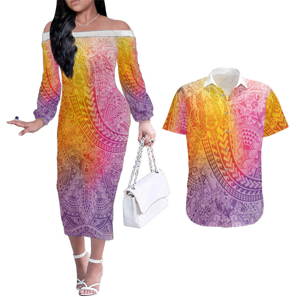 Hawaiian Turtles and Leis Couples Matching Off The Shoulder Long Sleeve Dress and Hawaiian Shirt Tribal Kakau Pattern Magical Rainbow Sky LT03 Multicolor - Polynesian Pride