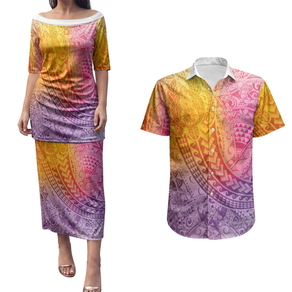 Hawaiian Turtles and Leis Couples Matching Puletasi and Hawaiian Shirt Tribal Kakau Pattern Magical Rainbow Sky LT03 Multicolor - Polynesian Pride