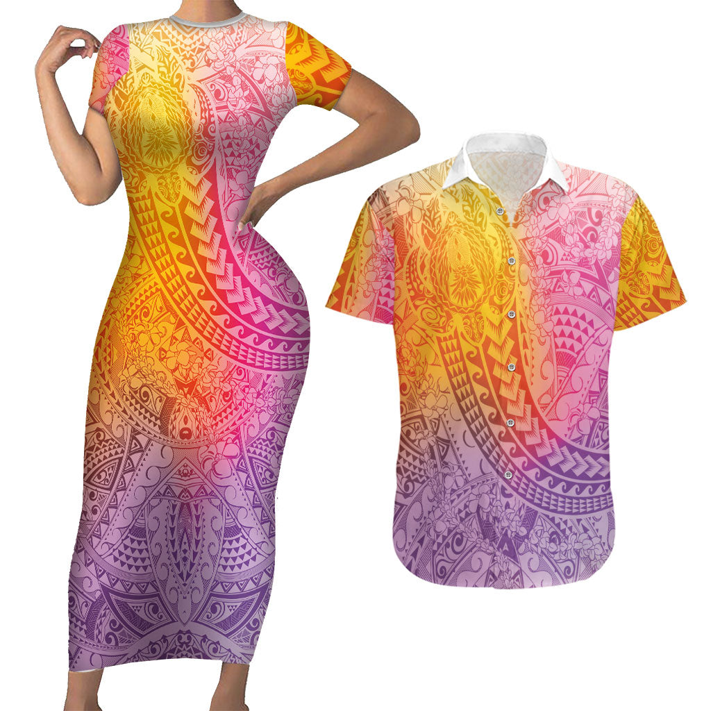 Hawaiian Turtles and Leis Couples Matching Short Sleeve Bodycon Dress and Hawaiian Shirt Tribal Kakau Pattern Magical Rainbow Sky LT03 Multicolor - Polynesian Pride