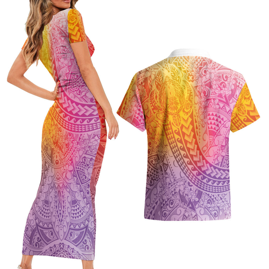 Hawaiian Turtles and Leis Couples Matching Short Sleeve Bodycon Dress and Hawaiian Shirt Tribal Kakau Pattern Magical Rainbow Sky