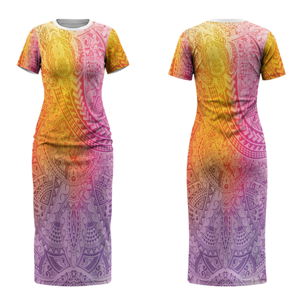 Hawaiian Turtles and Leis Couples Matching Short Sleeve Bodycon Dress and Hawaiian Shirt Tribal Kakau Pattern Magical Rainbow Sky LT03 - Polynesian Pride