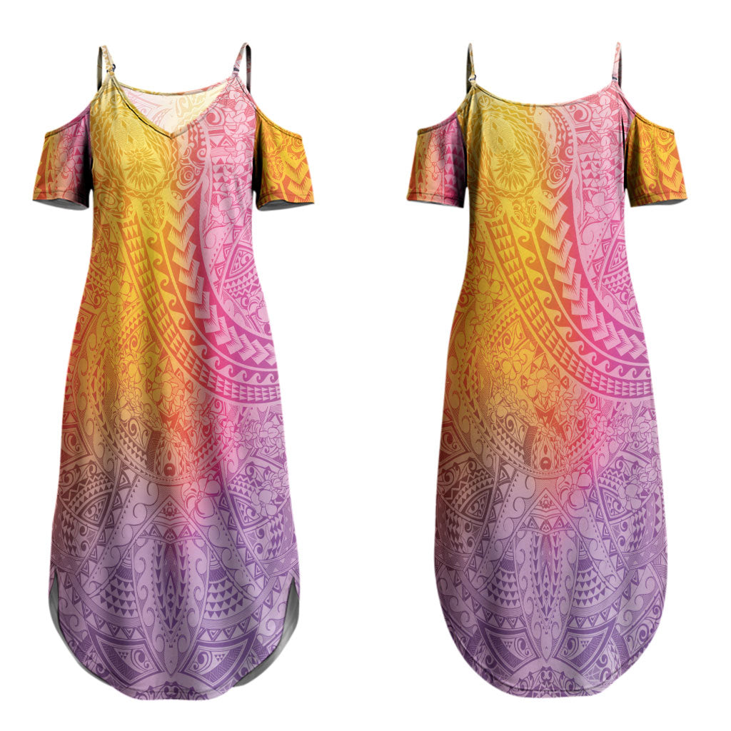 Hawaiian Turtles and Leis Couples Matching Summer Maxi Dress and Long Sleeve Button Shirt Tribal Kakau Pattern Magical Rainbow Sky LT03 - Polynesian Pride