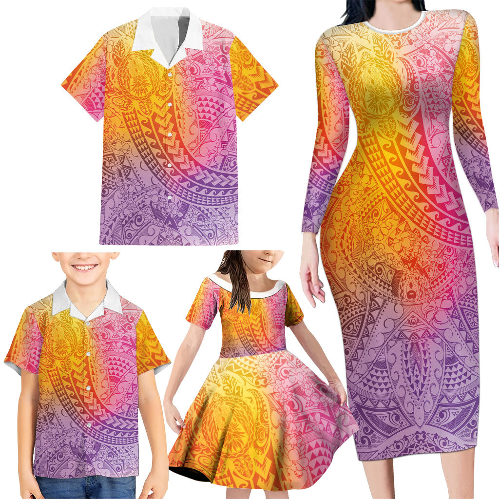 Hawaiian Turtles and Leis Family Matching Long Sleeve Bodycon Dress and Hawaiian Shirt Tribal Kakau Pattern Magical Rainbow Sky LT03 - Polynesian Pride