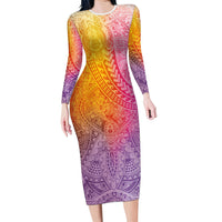 Hawaiian Turtles and Leis Family Matching Long Sleeve Bodycon Dress and Hawaiian Shirt Tribal Kakau Pattern Magical Rainbow Sky