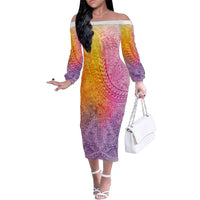 Hawaiian Turtles and Leis Family Matching Off The Shoulder Long Sleeve Dress and Hawaiian Shirt Tribal Kakau Pattern Magical Rainbow Sky