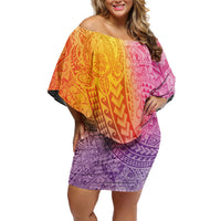Hawaiian Turtles and Leis Family Matching Off Shoulder Short Dress and Hawaiian Shirt Tribal Kakau Pattern Magical Rainbow Sky