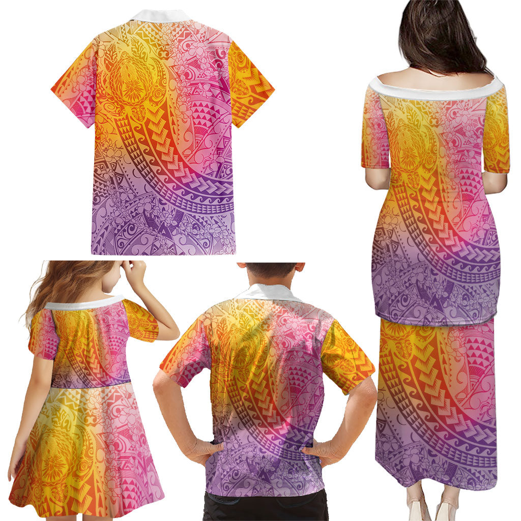 Hawaiian Turtles and Leis Family Matching Puletasi and Hawaiian Shirt Tribal Kakau Pattern Magical Rainbow Sky