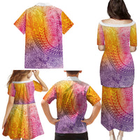 Hawaiian Turtles and Leis Family Matching Puletasi and Hawaiian Shirt Tribal Kakau Pattern Magical Rainbow Sky