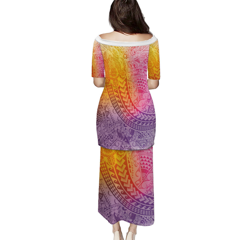 Hawaiian Turtles and Leis Family Matching Puletasi and Hawaiian Shirt Tribal Kakau Pattern Magical Rainbow Sky