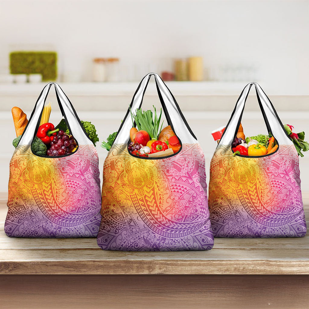 Hawaiian Turtles and Leis Grocery Bag Tribal Kakau Pattern Magical Rainbow Sky