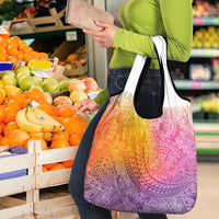Hawaiian Turtles and Leis Grocery Bag Tribal Kakau Pattern Magical Rainbow Sky