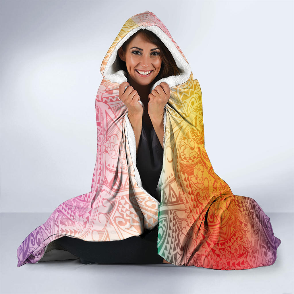 Hawaiian Turtles and Leis Hooded Blanket Tribal Kakau Pattern Magical Rainbow Sky