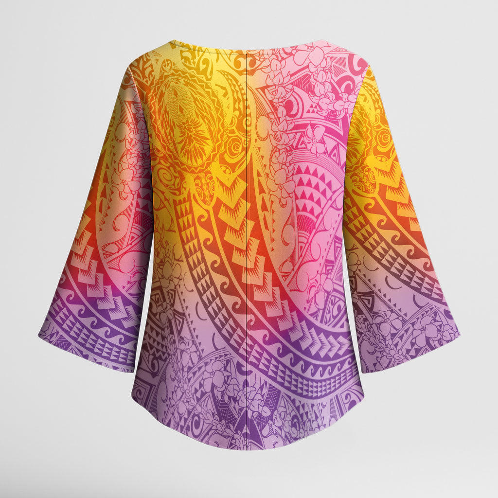 Hawaiian Turtles and Leis Kimono Sleeve Blouse Tribal Kakau Pattern Magical Rainbow Sky