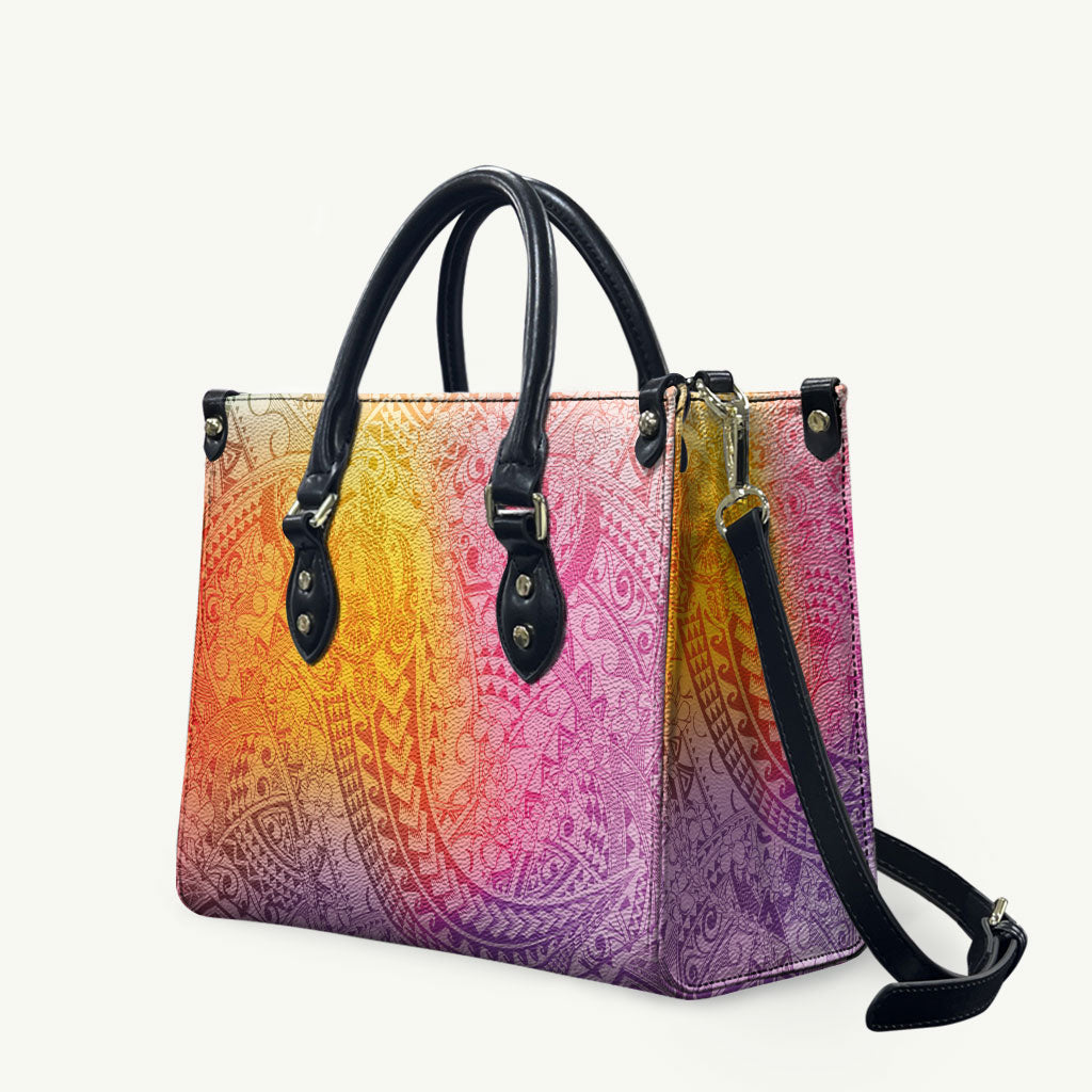 Hawaiian Turtles and Leis Leather Bag Tribal Kakau Pattern Magical Rainbow Sky