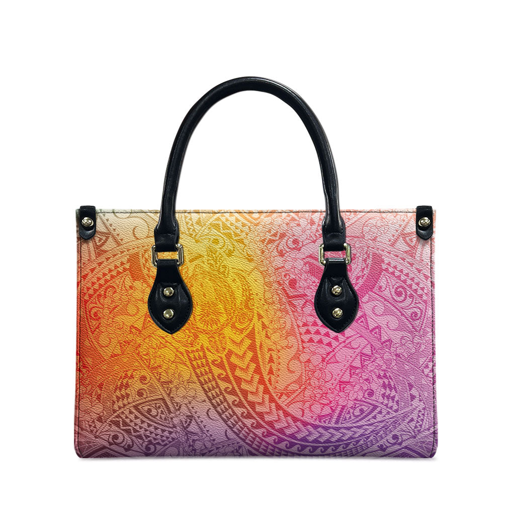 Hawaiian Turtles and Leis Leather Bag Tribal Kakau Pattern Magical Rainbow Sky