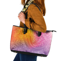 Hawaiian Turtles and Leis Leather Tote Bag Tribal Kakau Pattern Magical Rainbow Sky