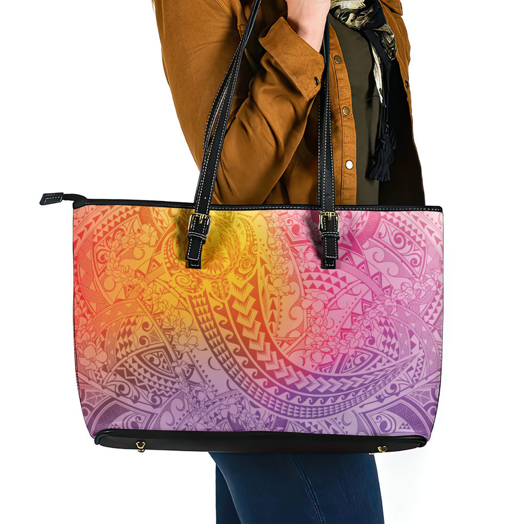 Hawaiian Turtles and Leis Leather Tote Bag Tribal Kakau Pattern Magical Rainbow Sky