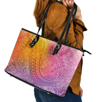 Hawaiian Turtles and Leis Leather Tote Bag Tribal Kakau Pattern Magical Rainbow Sky