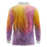 Hawaiian Turtles and Leis Long Sleeve Polo Shirt Tribal Kakau Pattern Magical Rainbow Sky