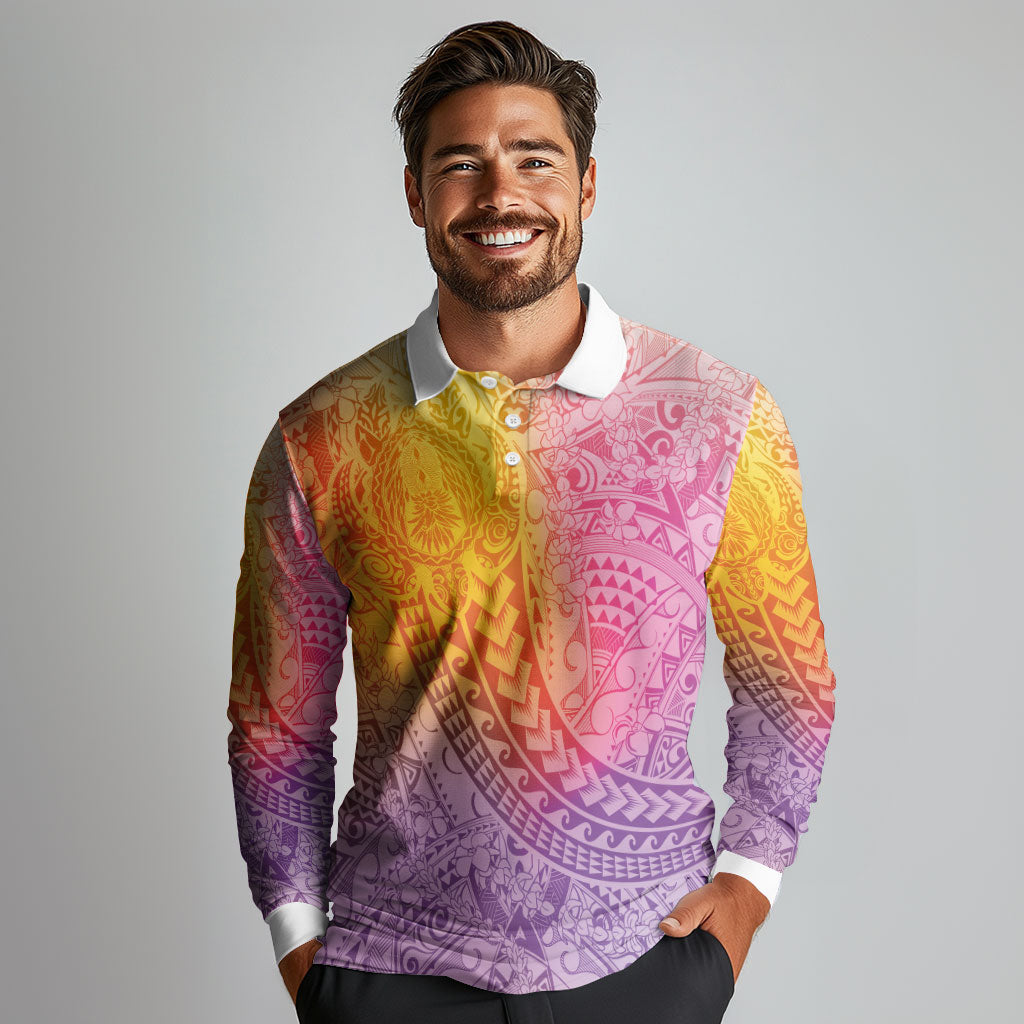 Hawaiian Turtles and Leis Long Sleeve Polo Shirt Tribal Kakau Pattern Magical Rainbow Sky
