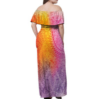Hawaiian Turtles and Leis Off Shoulder Maxi Dress Tribal Kakau Pattern Magical Rainbow Sky